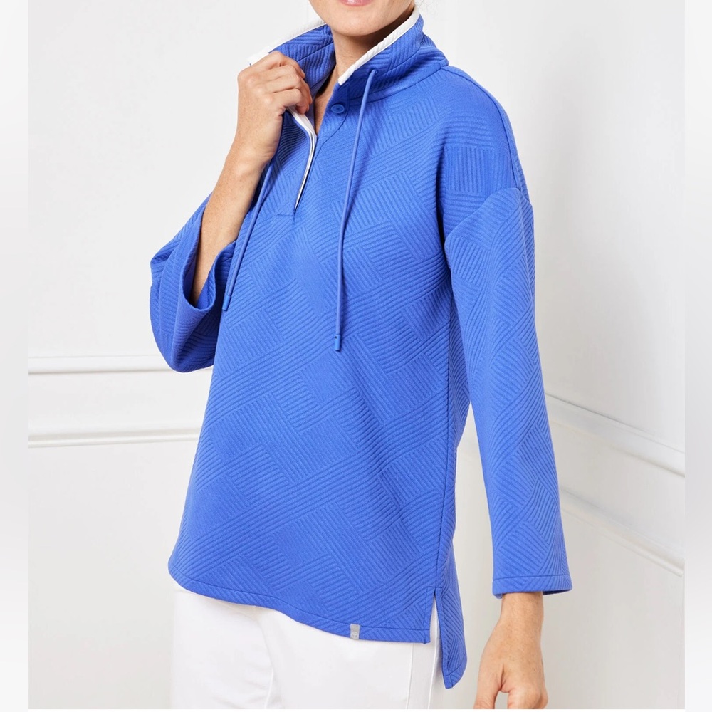 T By Talbots Mixed Quilted Button Neck Pullover Blue Small Petite Activewear